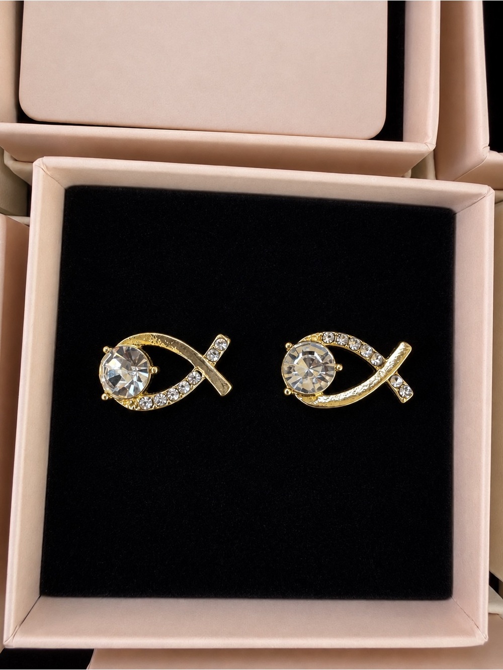 Gold tone Crystal Crossfish Stud Earrings -